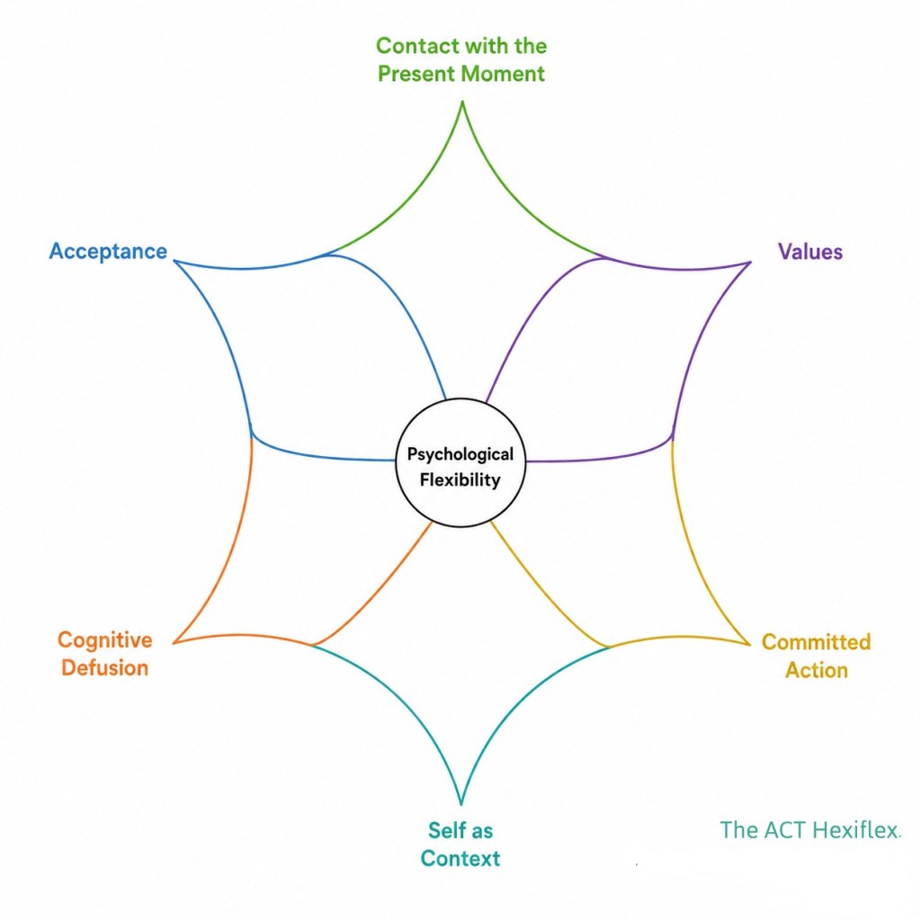 A diagram detailing the six core pillars of Acceptance and Commitment Therapy (ACT) modified specifically for adult ADHD support. The interconnected components of psychological flexibility are: values, committed action, self as context, cognitive defusion, acceptance, and contact with the present moment.